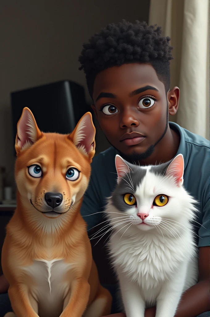 Create a couple of young brunettes, the black man with short hair with a brown mongrel dog and a white cat with one yellow eye and the other blue