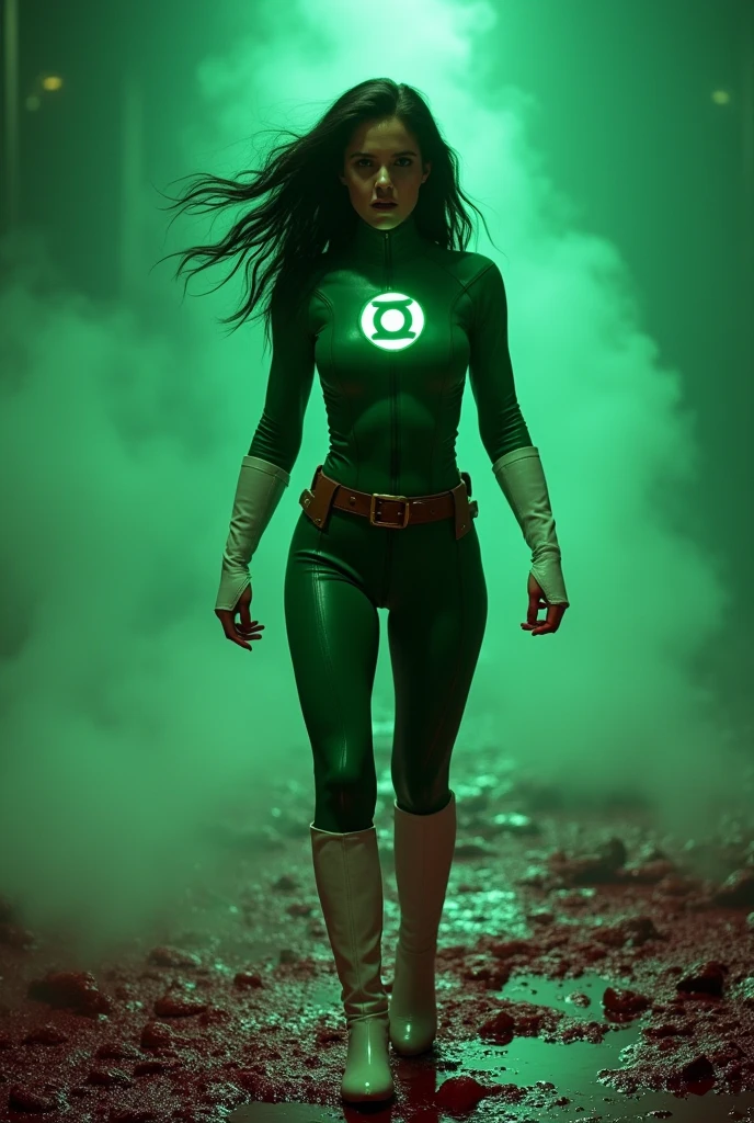 A beautiful fair-skinned woman, Jessica Cruz, under the mantle of Green Lantern, wears a green leather jumpsuit with a fluorescent Green Lantern emblem. A brown harness with thick straps crisscrosses her torso. She wears white knee-high boots and gloves, shouting exhausted after a battle. Blood surrounds her, reflecting off her in a pool of gore. Disturbing and bloody images. A Green Lantern fleur-de-lis. Long black hair. Blood on her hands. A lot of blood on the floor. 