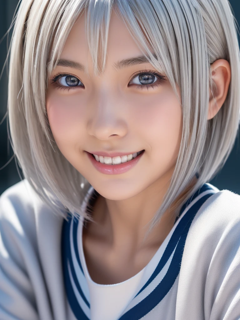 (A beautiful girl in a bright nordic setting, face lighting, realistic, cute, sexy, slim, extremely detailed eyes, droopy eyes, clear eyes, extremely detailed face:1.25), (ultra short fluffy hair,silver hair:1.5),(close-up of face,smiling:1.25), (japanese highschool uniform:1.5),detailed skin, intricate details, high quality, detailed background, soft lighting, detailed clothing, natural pose, cinematic lighting, volumetric lighting, digital art, photorealistic, vibrant colors, sharp focus, hyper detailed,Highres fix