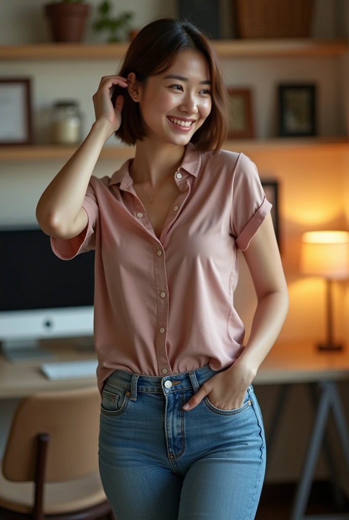 single mom, Korean white fitted slim shirt, short brown hair pulled back, big breasts, curvy waist, Wide hips, super tight jeans, very big buttocks, bright white skin, large light brown eyes, mischievous smile, holding back loose hair, home office background.
