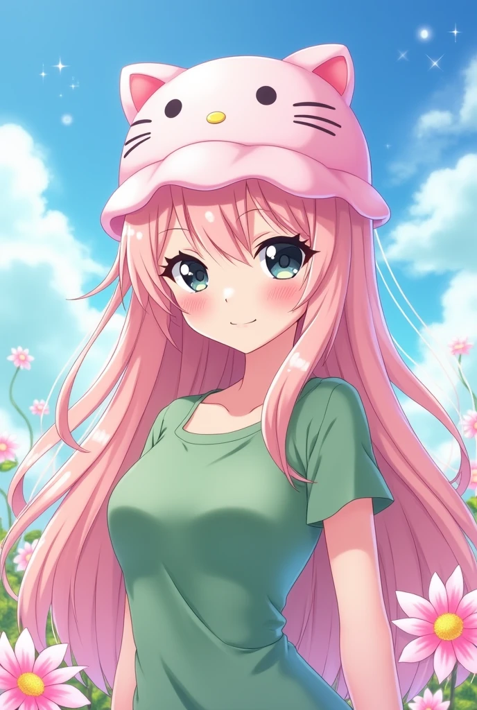 Anime girl with light pink hair, large breasts, wearing a green shirt, slim and beautiful with black eyes, a light pink Hello Kitty hat, cute.