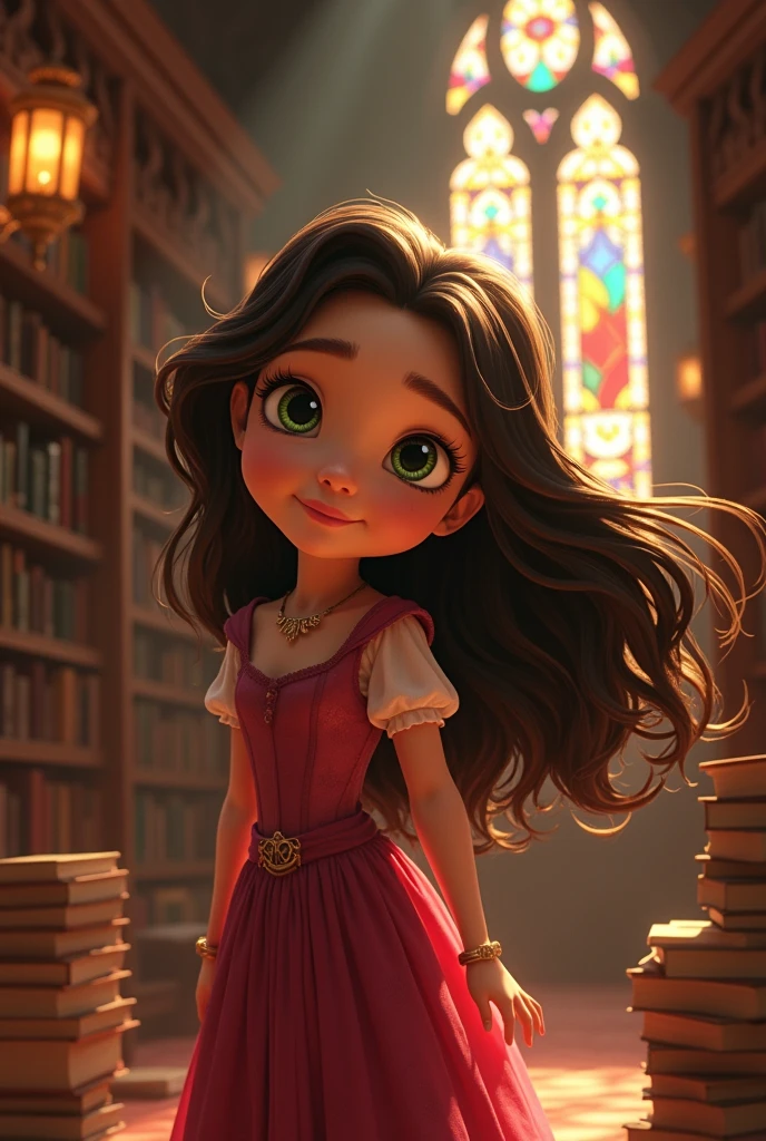 Pixar-style animated princess, with dark brown hair and dark green eyes in a library