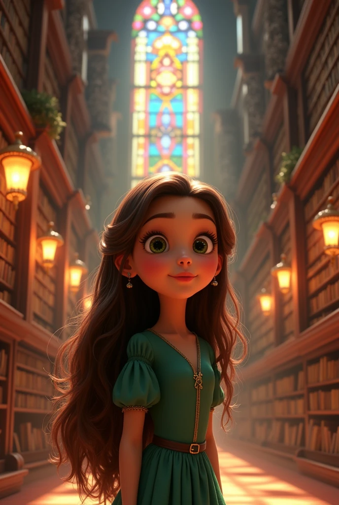 Pixar-style animated princess, with dark brown hair and dark green eyes in a library