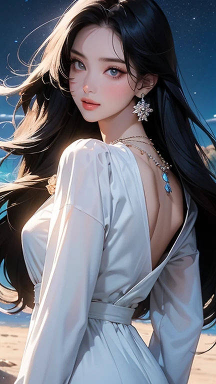 (masterpiece,Highest quality,,8k,High resolution),One female,,Beautiful Face,Beautiful Face,Beautiful eyes,Beautiful lips,,Black Hair,look back,,flower,Sandy beach with a view of the forest,A bright night with stars visible,jewelry,Holding,Long sleeve,necklace,Long Hair,dress,(whole body),Highly detailed anime art,