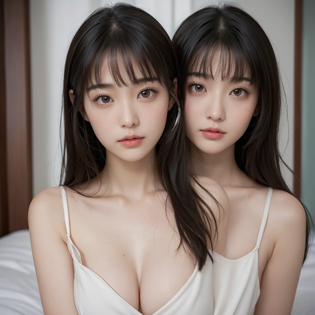 japanese, solo, perfect body, super fine face and eyes, angular catlike eyes, in her bedroom, dress, busty, large breasts, pale skin, shoulder length hair, bangs