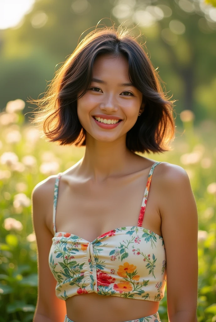  Highest quality, figure, Very detailed, In detail, High resolution, 8k wallpaper, Perfect dynamic composition, Beautiful attention to detail,  Face Focus,  Soft Light,Women&#39;s Fashion Summer,Short Bob Hair,Natural color lip, ,smile,Outdoor、18-year-old girl、cute、looking at the camera