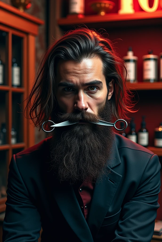 Barber shop logo a bearded INGCONITA person pierced by scissors in his mouth
