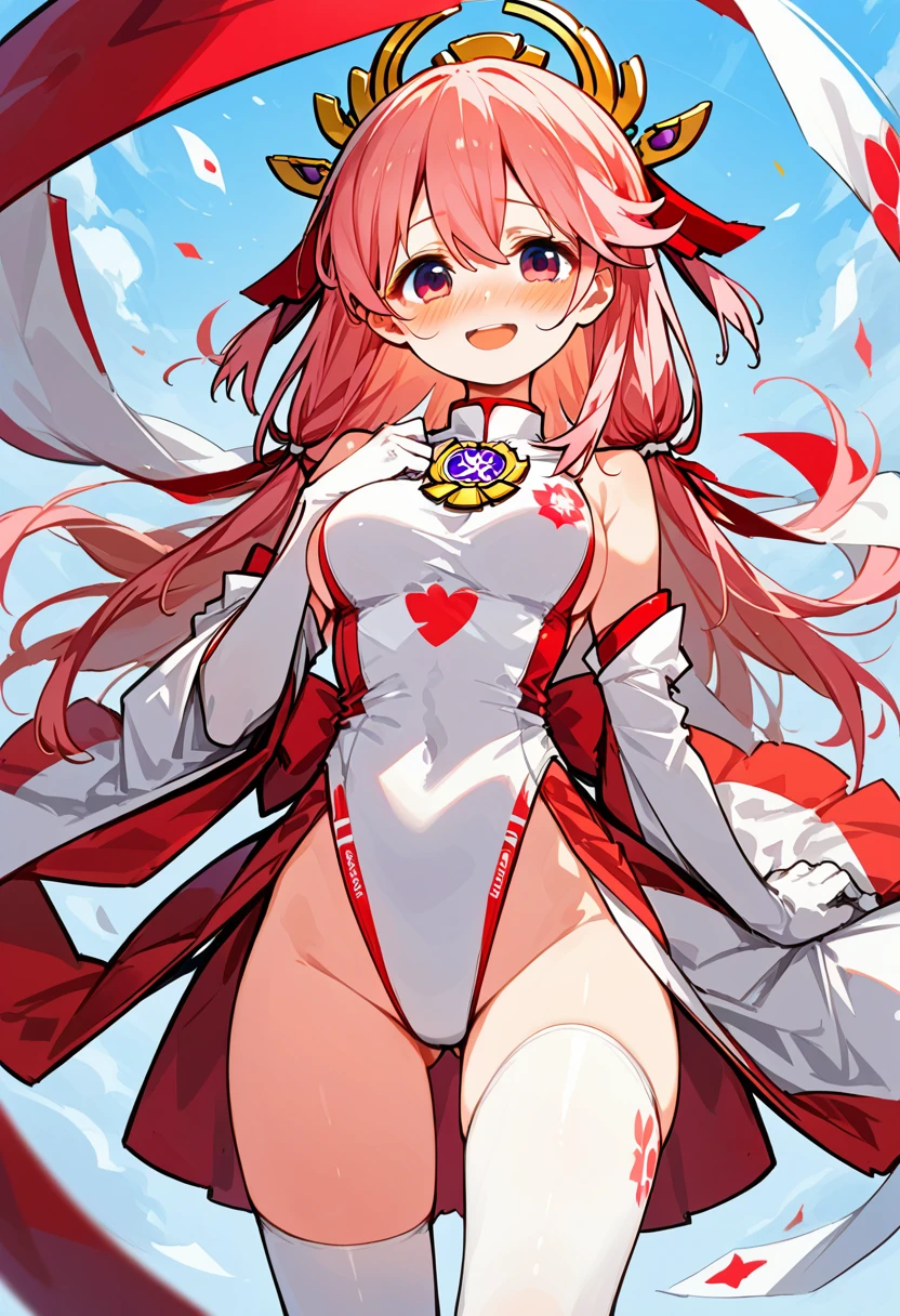 (masterpiece, Highest quality: 1.2),(sakura miko:1.8),(Sakura Miko:1.6),(Masterpiece), Best Quality, ultra-detailed, 1girl ( anosillus II, Slender and sexy body, Big and pretty breasts, naked body), a seductive face, smile, open mouth, 独奏, nose blush, blush, facing viewer, looking at viewer, racing queen, white leotard, long gloves, white thighhighs, large flag(black pattern), grab the flag, in the ground, standing , Sexy waist teasing , from_below