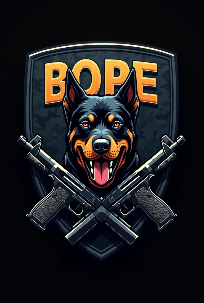 A logo of the BOPE police force with a Hottweiler head, black camouflage background, the word BOPE, and two pistols