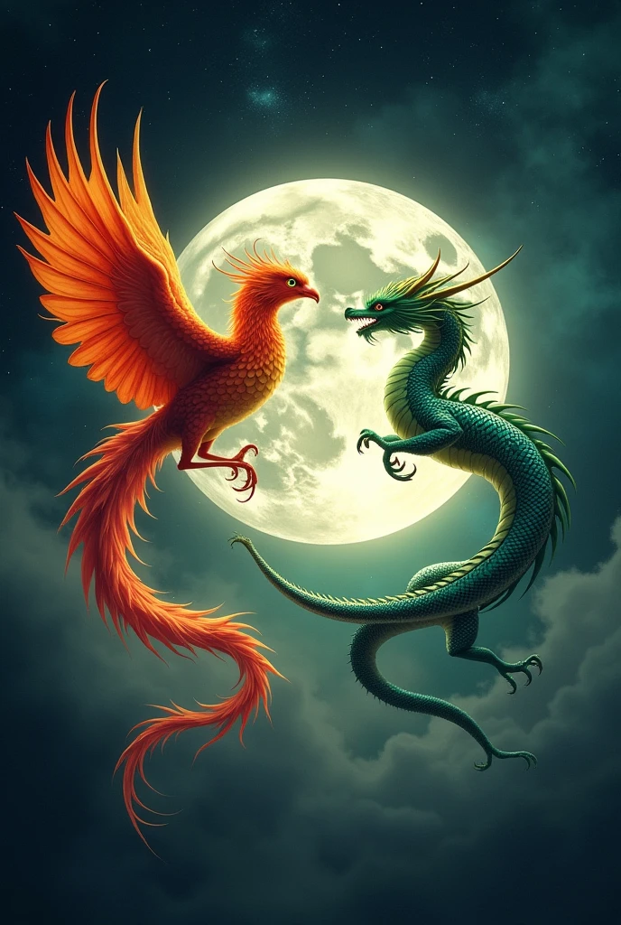 Phoenix and Dragon circulating the moon. Don't overlap the two. Also make the other one upside down.