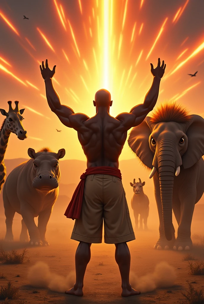 create an image of a bald dark-skinned man with his hands raised on a safari stopping and frightening a hippopotamus, giraffe, elefant, and the giant, terrifying lion, while One Piece's Haki beams shoot out around him
