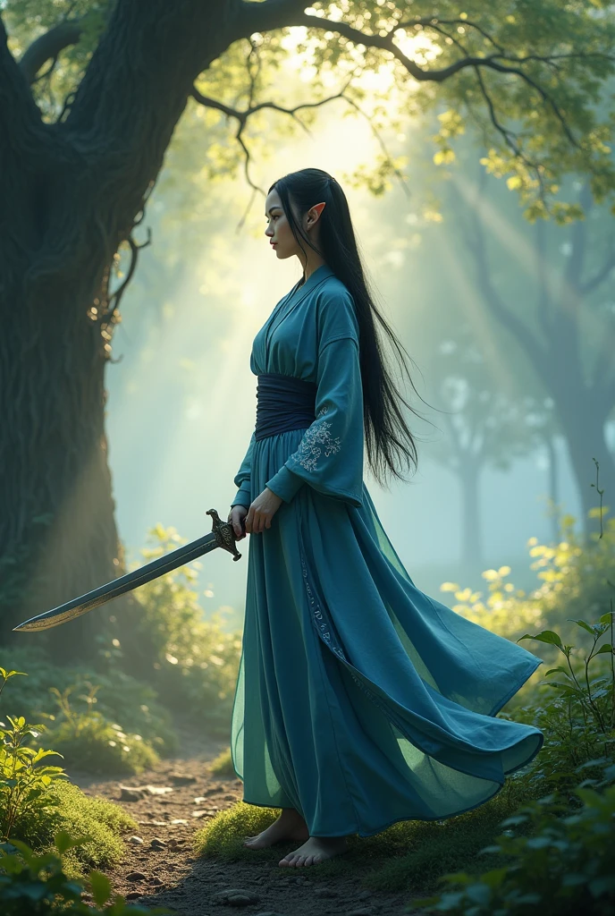 pale female half-elf monk swordsman with black hair and white bangs, sapphire blue eyes