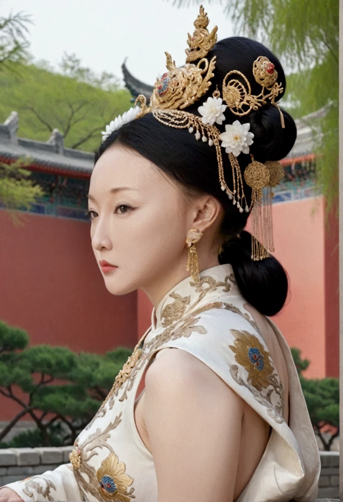 Qing dynasty empress naked and slightly busty, posing on all fours, buttocks protruding from profile, background outside Qing dynasty palace