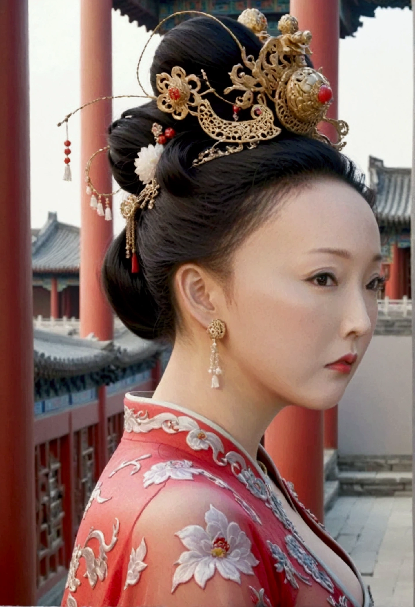 Qing dynasty empress naked and slightly busty, posing on all fours, buttocks protruding from profile, background outside Qing dynasty palace