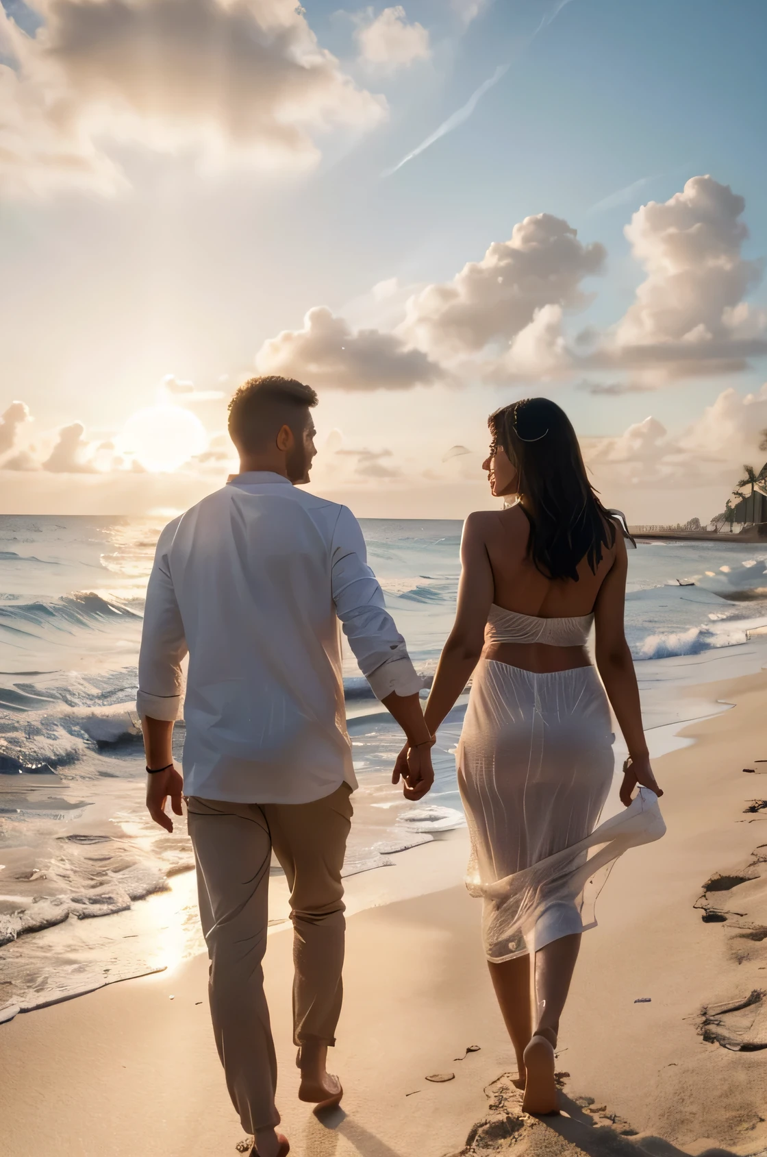 a beautiful couple holding hands walking at sunset on the beach shore with palm trees in the background, UHD, retina, masterpiece, accurate, anatomically correct, textured skin, super detail, high details, high quality, award winning, best quality, highres, 16k, 8k, hyper realistic, ((Realistic lighting, Best quality, 8K, Masterpiece: 1.3))