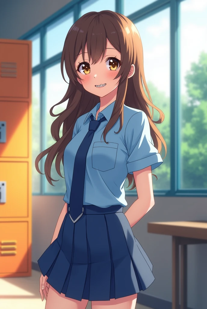 age girl with fair skin, brackets, Brown eyes, Brown hair, Tall and in a blue uniform. anime style.