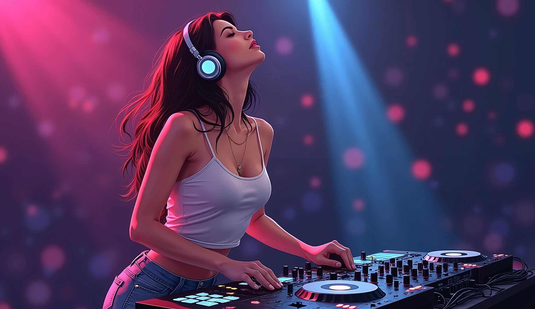a beautiful sexy DJ woman with headphones on, looking up and with her arms up, behind a mixing desk, loving the sound you're hearing, edm music, illustration