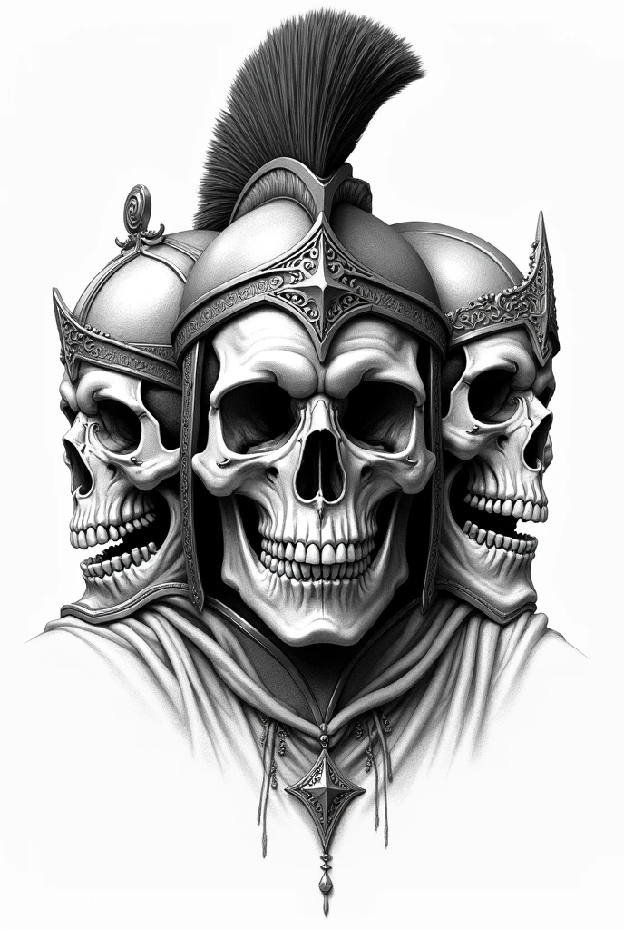 Three skulls, a skull facing right , the second skull facing forward and the third looking to the left, all wearing Roman helmets in black and white as a sketch of a drawing, com barba; em forma de esboço