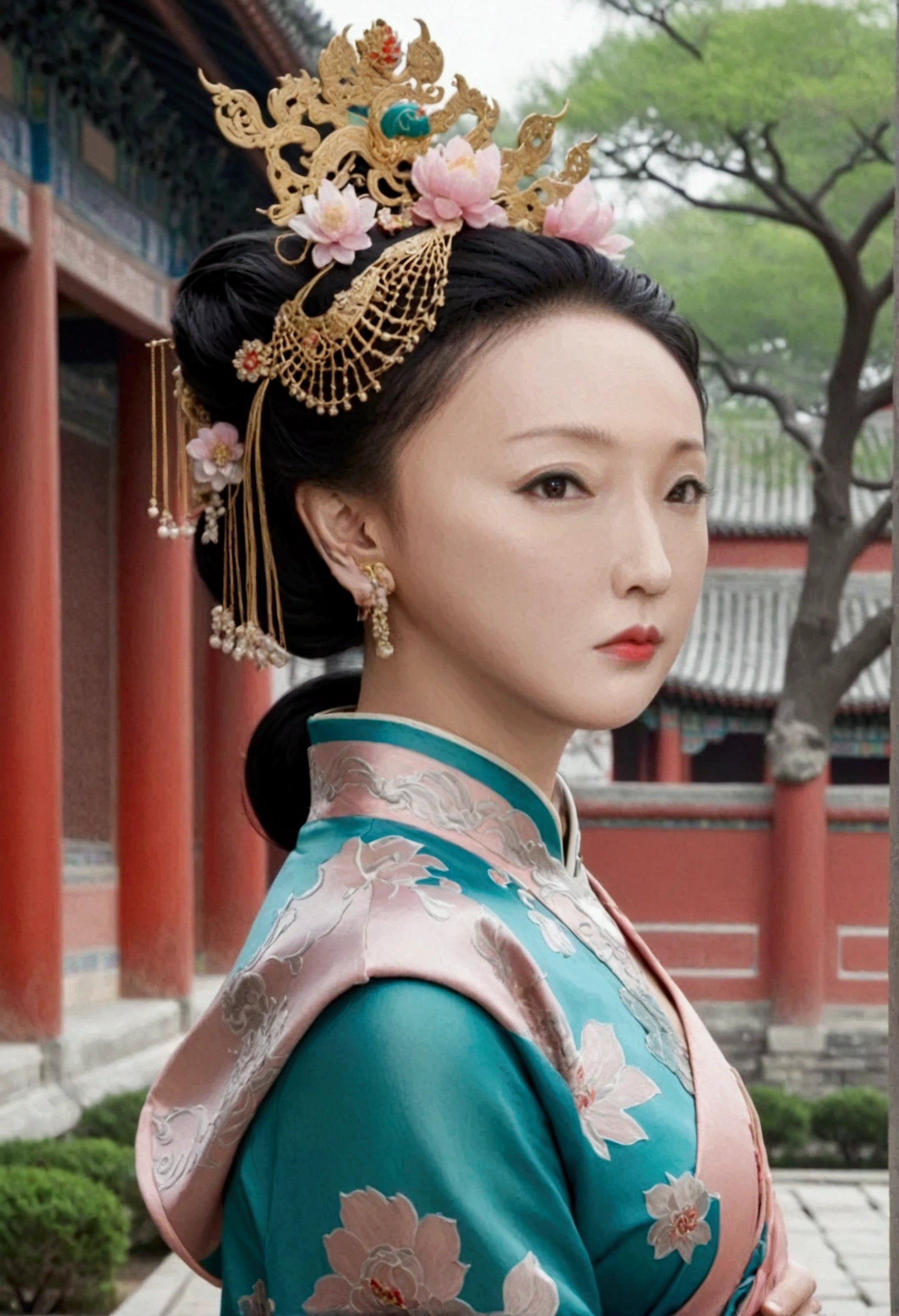 Qing dynasty empress naked and slightly busty, posing on all fours, buttocks protruding from profile, background outside Qing dynasty palace