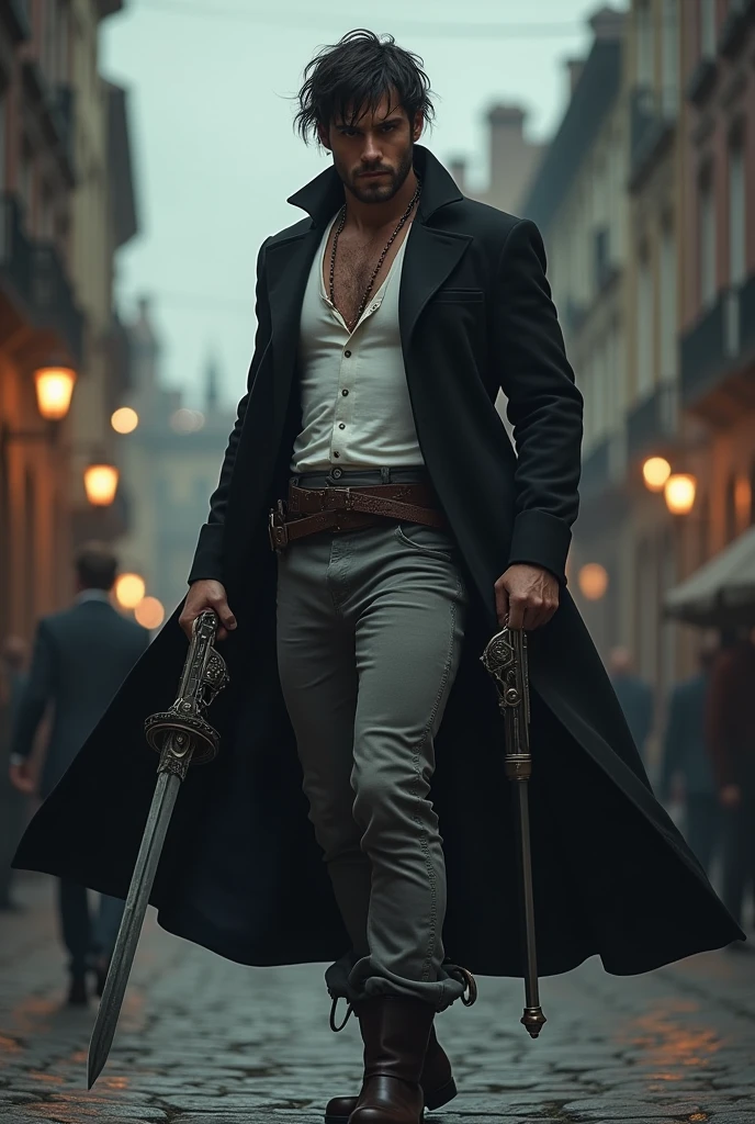 create a male character with the following characteristics: hypdertailed, with Tampa eye, wears a black overcoat with a white tank top and grey pants, wields a sword and two revolvers in the year 1600