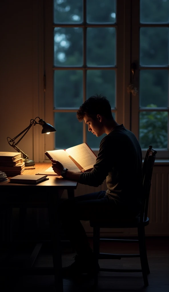 "It's nighttime, and a young man is sitting alone in a quiet, dimly lit room. He is seated on a wooden chair at a simple desk, surrounded by a few scattered books on the table. In his hands, he holds an open book, deeply engrossed in reading. A soft, warm light from a nearby lamp or desk lamp gently illuminates him, casting a subtle glow on his face and the pages of the book. The rest of the room fades into shadows, highlighting his solitary focus and the tranquility of the moment. The atmosphere is peaceful and studious, with a sense of quiet determination as he immerses himself in his reading, undisturbed by the silence of the night."