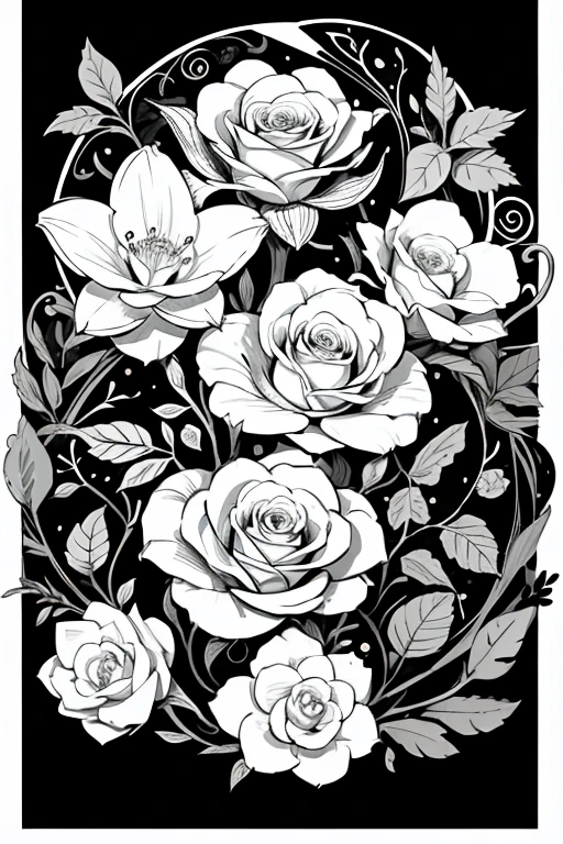 Coloring book for children, cartoon style, low detail, no shadows, black and white image, plants, flowers, patterns, ornament. roses