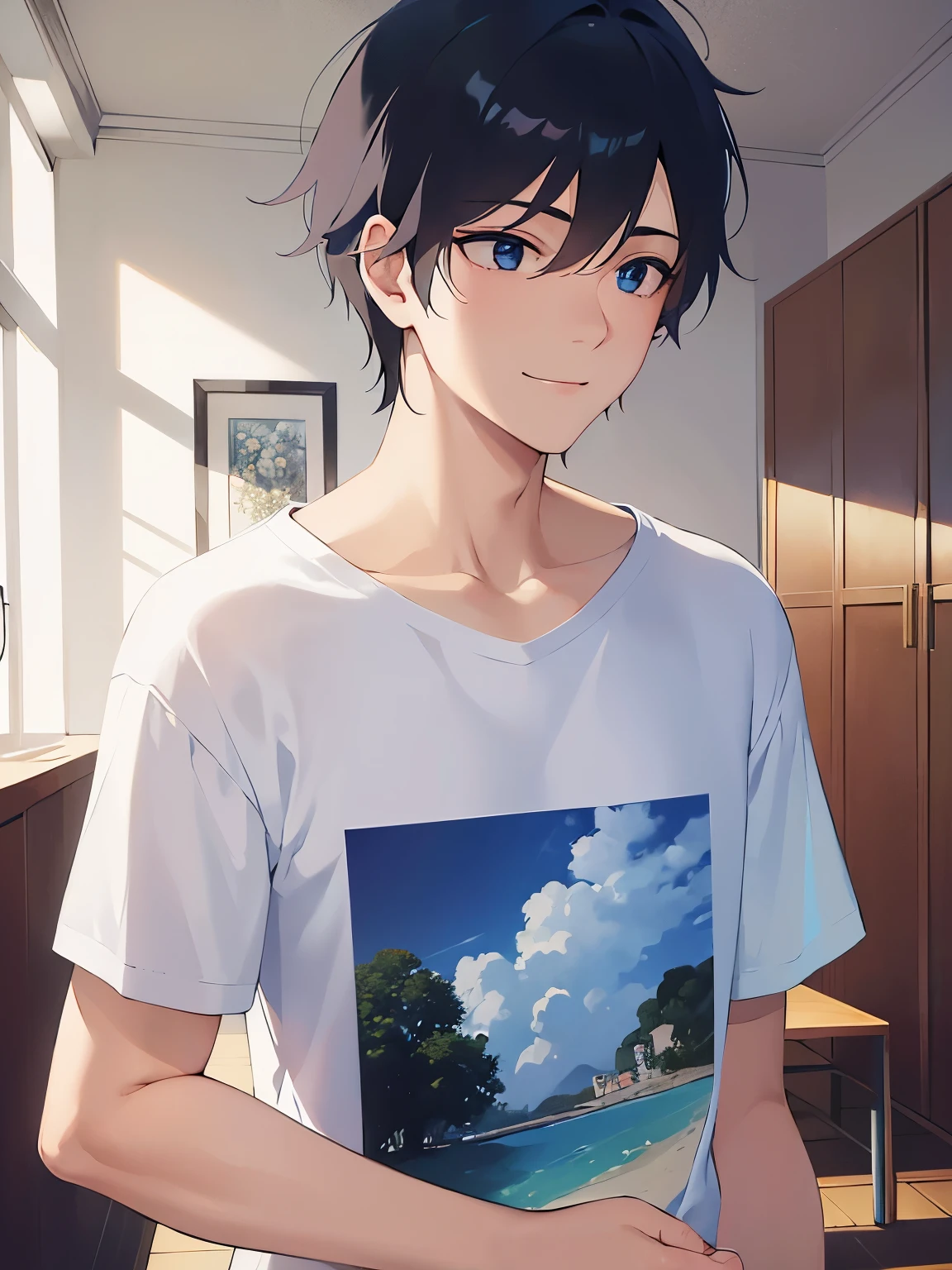 side angle, (looking away:1.5)、upper body、shiny skin, masterpiece、Highest quality、(25-year-old male:1.5) and (Black short hair) and (blue eyes), BREAK (white) and (T-Shirts) BREAK standing、(smile:1.2), The background is the living room、alone
