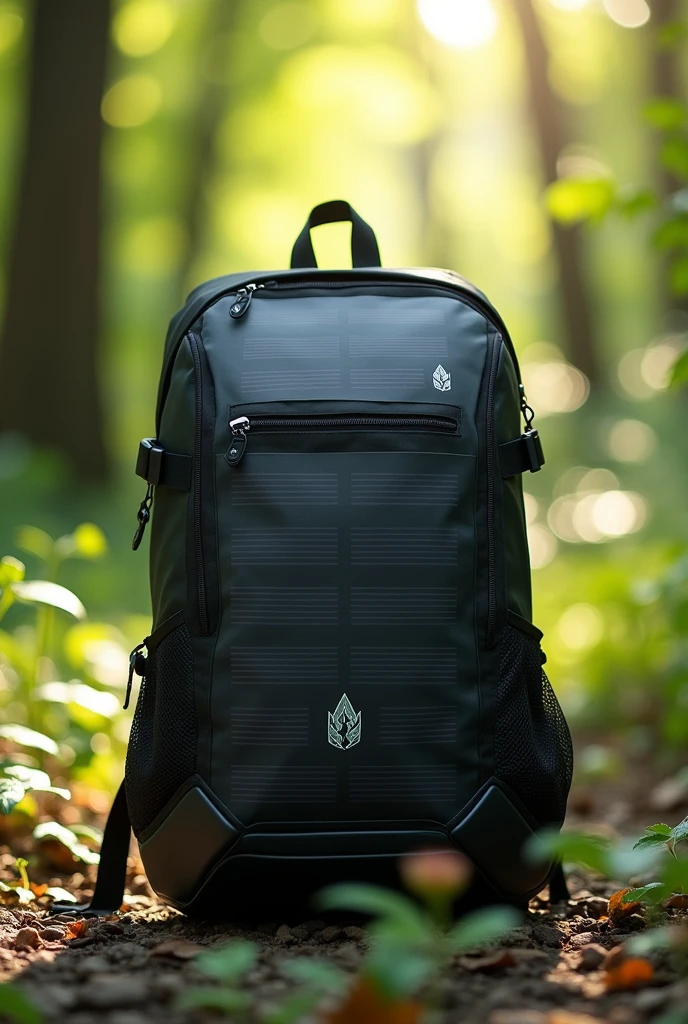 backpack have botton to open the back , solar , charging port and logo of solar and electrical without human