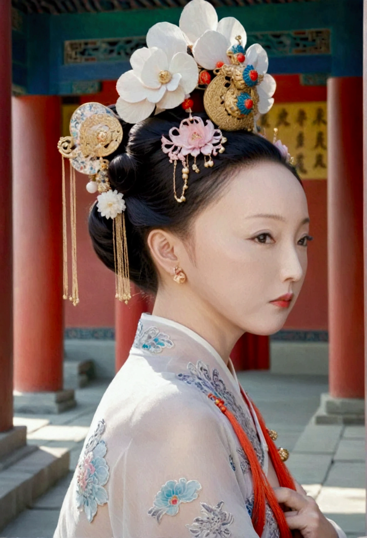 Qing dynasty empress naked and slightly busty, posing on all fours, buttocks protruding from profile, background outside Qing dynasty palace
