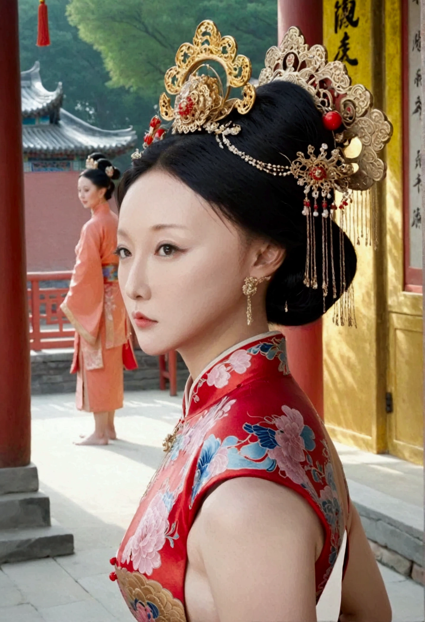Qing dynasty empress naked and slightly busty, posing on all fours, buttocks protruding from profile, background outside Qing dynasty palace