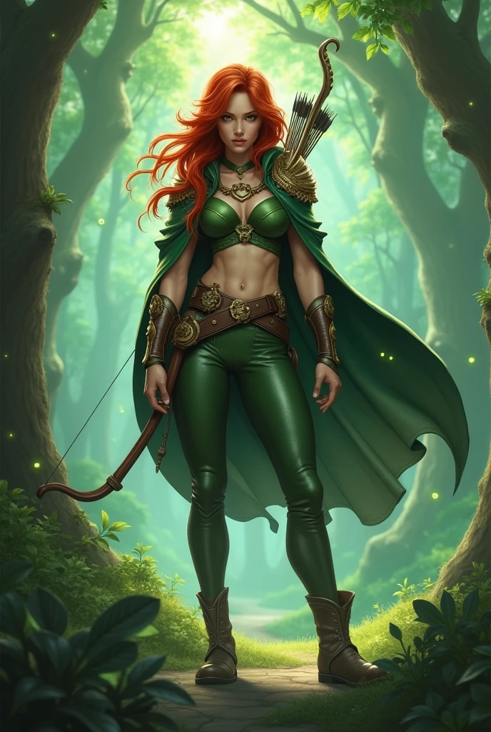 Dota2, windranger, green leather pants, light boots, cape with decorations on nature, leaves, redhead, looking at observer, quiver and bow, athletic body, squating, green lights