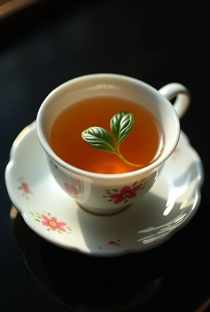 A white porcelain teacup holds a cup of high-mountain tea, with a small piece of tea consisting of one bud and two leaves in the middle.,simple,Movie Lighting,专业photography,Studio Lighting,Black desktop background,photography,Intricate details,Ultra Detail,Hyper-photorealism,8K Ultra HD top view,Top view, bird's eye view
