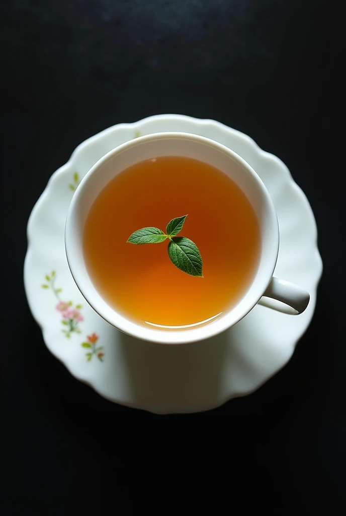 A white porcelain teacup holds a cup of high-mountain tea, with a small piece of tea consisting of one bud and two leaves in the middle.,simple,Movie Lighting,专业photography,Studio Lighting,Black desktop background,photography,Intricate details,Ultra Detail,Hyper-photorealism,8K Ultra HD top view,Top view, bird's eye view
