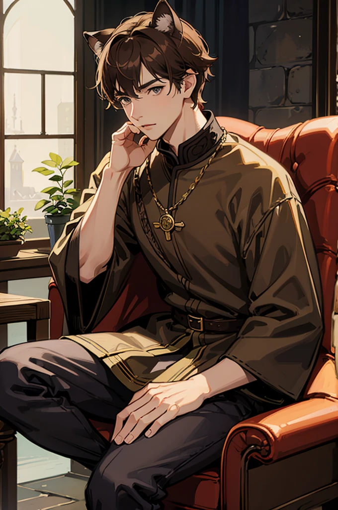 man, male, brown hair, short hair, grey eyes, brown cat ears, brown cat tail, fantasy wear, medieval wear, sitting down