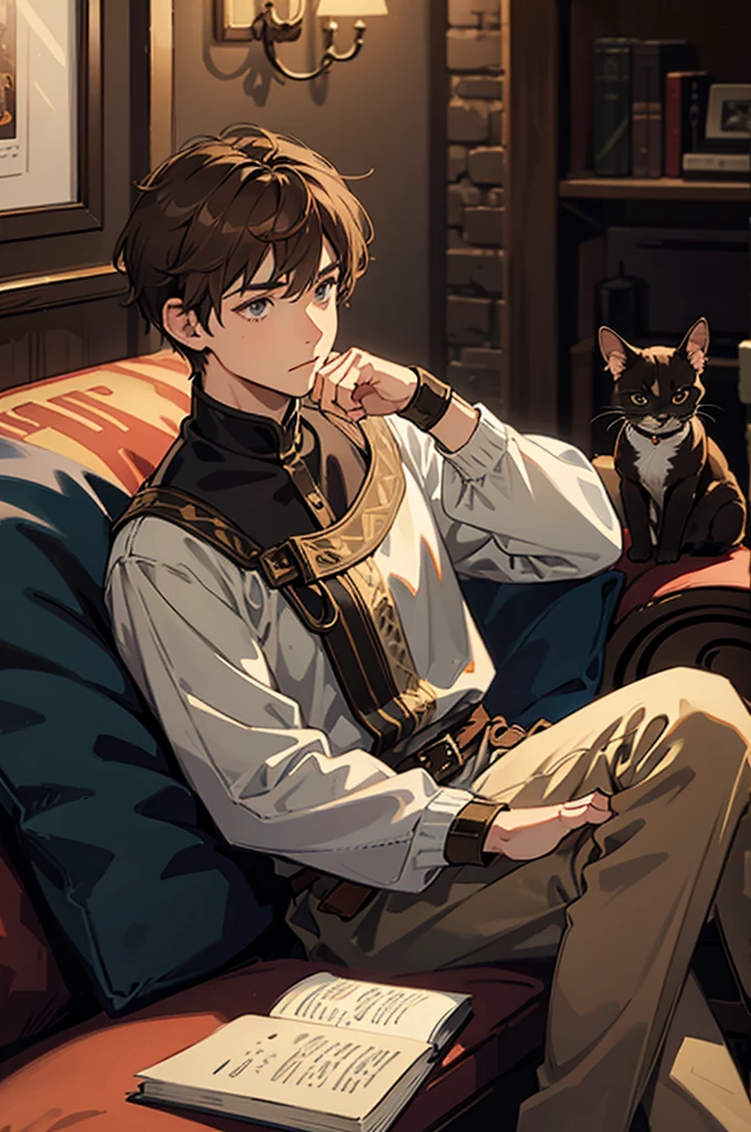 man, male, brown hair, short hair, grey eyes, brown cat ears, brown cat tail, fantasy wear, medieval wear, sitting down