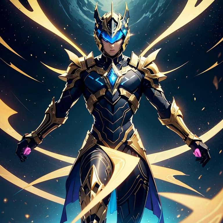 three figures in a close-up of a person in a suit with a cosmic background, golden armour, golden armour wearing, the golden cat knight in armor, gold paladin, unreal engine render saint seiya, offcial art, gold obsidian armor, golden armour, gold armour, Dragon Knight, golden armour brilhante, an epic anime of an energetic man, offcial art altamente detalhada