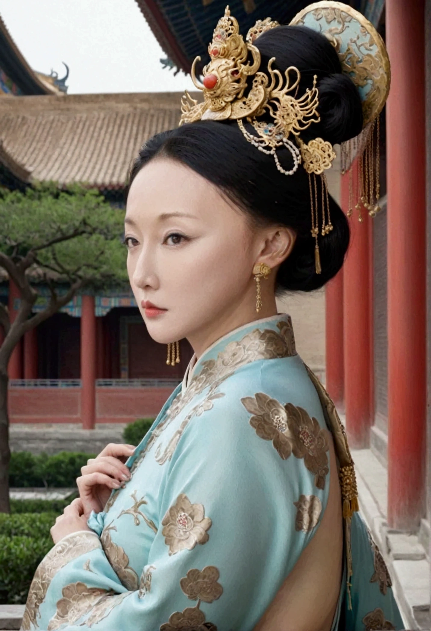 Qing dynasty empress naked and slightly busty, posing on all fours, buttocks protruding from profile, background outside Qing dynasty palace