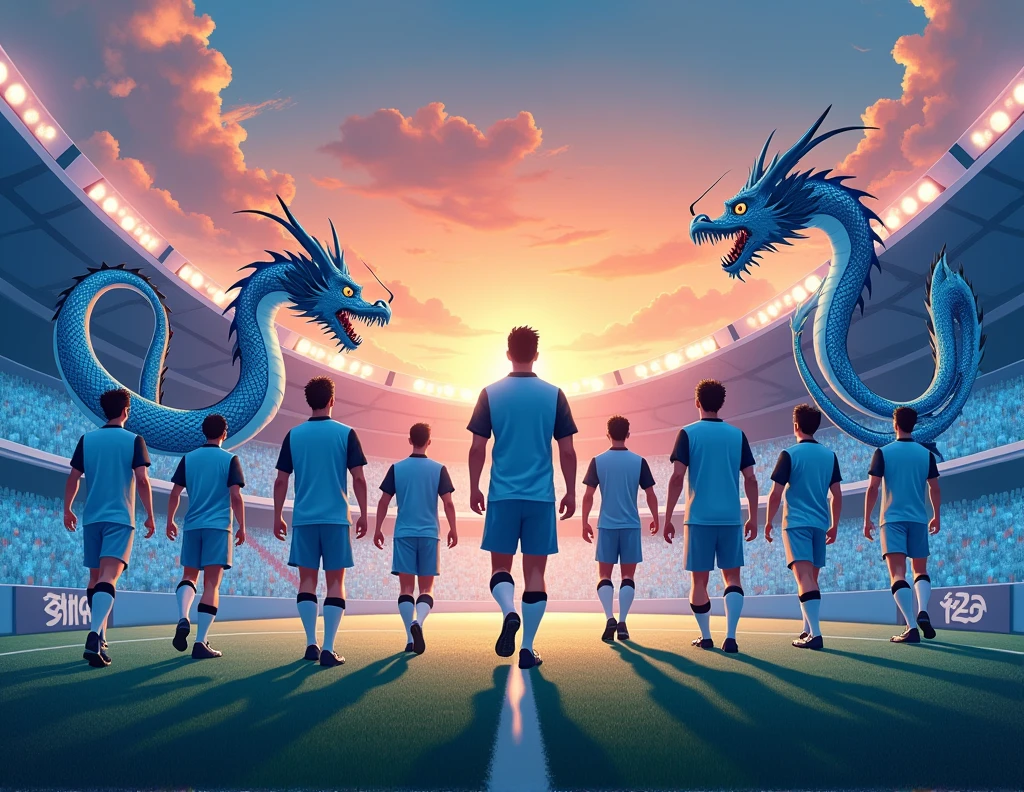 I want you to make a template to show the starting lineup of my football team. It should only have light blue and a little black and some dragons