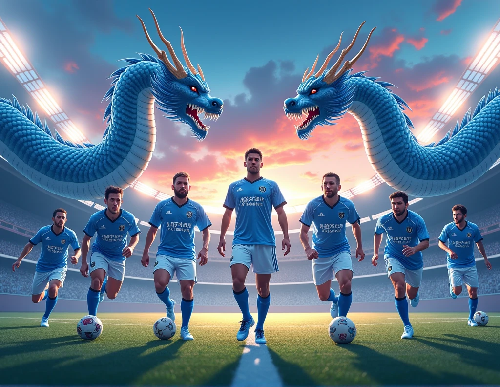 I want you to make a template to show the starting lineup of my football team. It should only have light blue and a little black and some dragons