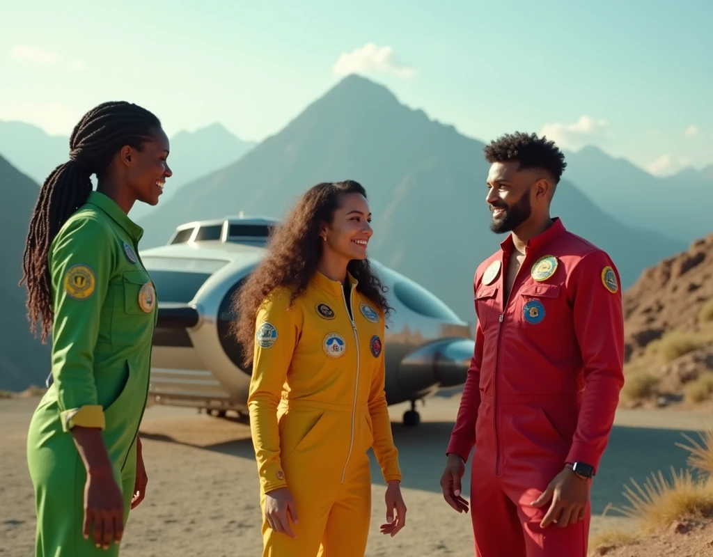 science fiction setting, 2 women (a nigerian and a colombian) in green and yellow spacetravelling overalls are greeting a man in a red spacetravelling overall, hip to top angle, medium shot, bokeh, on a level mountain spot, in the background is a spaceship for 5 persons, 8k resolution, masterpiece, high details,