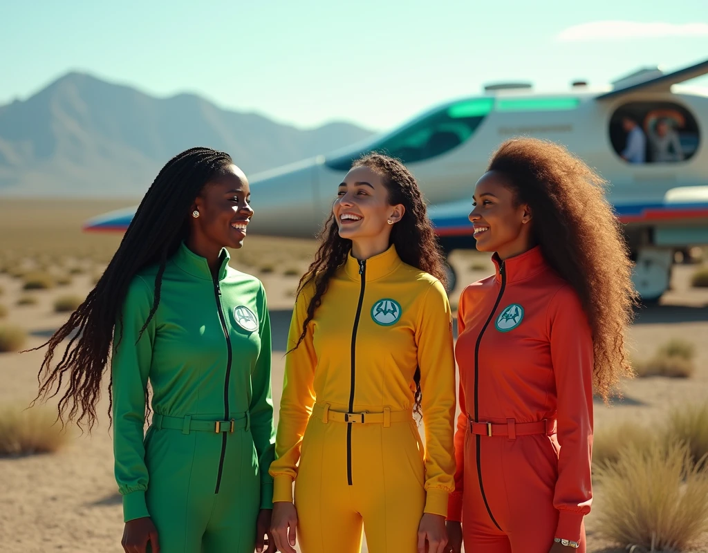 science fiction setting, 2 women (a nigerian and a colombian) in green and yellow spacetravelling overalls are greeting a man in a red spacetravelling overall, hip to top angle, medium shot, bokeh, on a level mountain spot, in the background is a spaceship for 5 persons, 8k resolution, masterpiece, high details,  
