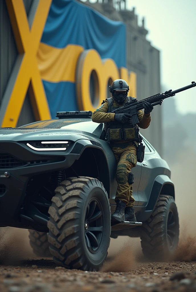 A highly trained Swedish special forces soldier, driving a futuristic Tesla Cybertruck, performing adrenaline-fueled wheelies around a massive  X.com logo sign, wielding an imposing heavy machine gun, a swedish flag is hanging on the truck, cinematic, dramatic lighting, hyper-realistic, 8K, 3D render, photorealistic, chiaroscuro, moody, gritty, military, tactical, advanced technology, dynamic pose, muscular physique, tactical gear, serious expression, rugged environment, stunning visuals, powerful, intense