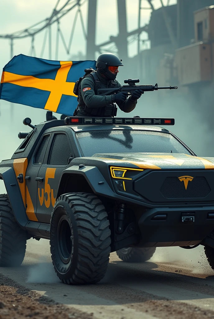 A highly trained Swedish special forces soldier, driving a futuristic Tesla Cybertruck, performing adrenaline-fueled wheelies around a massive X.com logo sign, wielding an imposing heavy machine gun, a swedish flag is hanging on the truck, cinematic, dramatic lighting, hyper-realistic, 8K, 3D render, photorealistic, chiaroscuro, moody, gritty, military, tactical, advanced technology, dynamic pose, muscular physique, tactical gear, serious expression, rugged environment, stunning visuals, powerful, intense