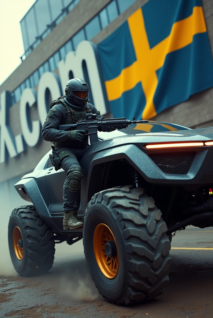 A highly trained Swedish special forces soldier, driving a futuristic Tesla Cybertruck, performing adrenaline-fueled wheelies around a massive  X.com logo sign, wielding an imposing heavy machine gun, a swedish flag is hanging on the truck, cinematic, dramatic lighting, hyper-realistic, 8K, 3D render, photorealistic, chiaroscuro, moody, gritty, military, tactical, advanced technology, dynamic pose, muscular physique, tactical gear, serious expression, rugged environment, stunning visuals, powerful, intense