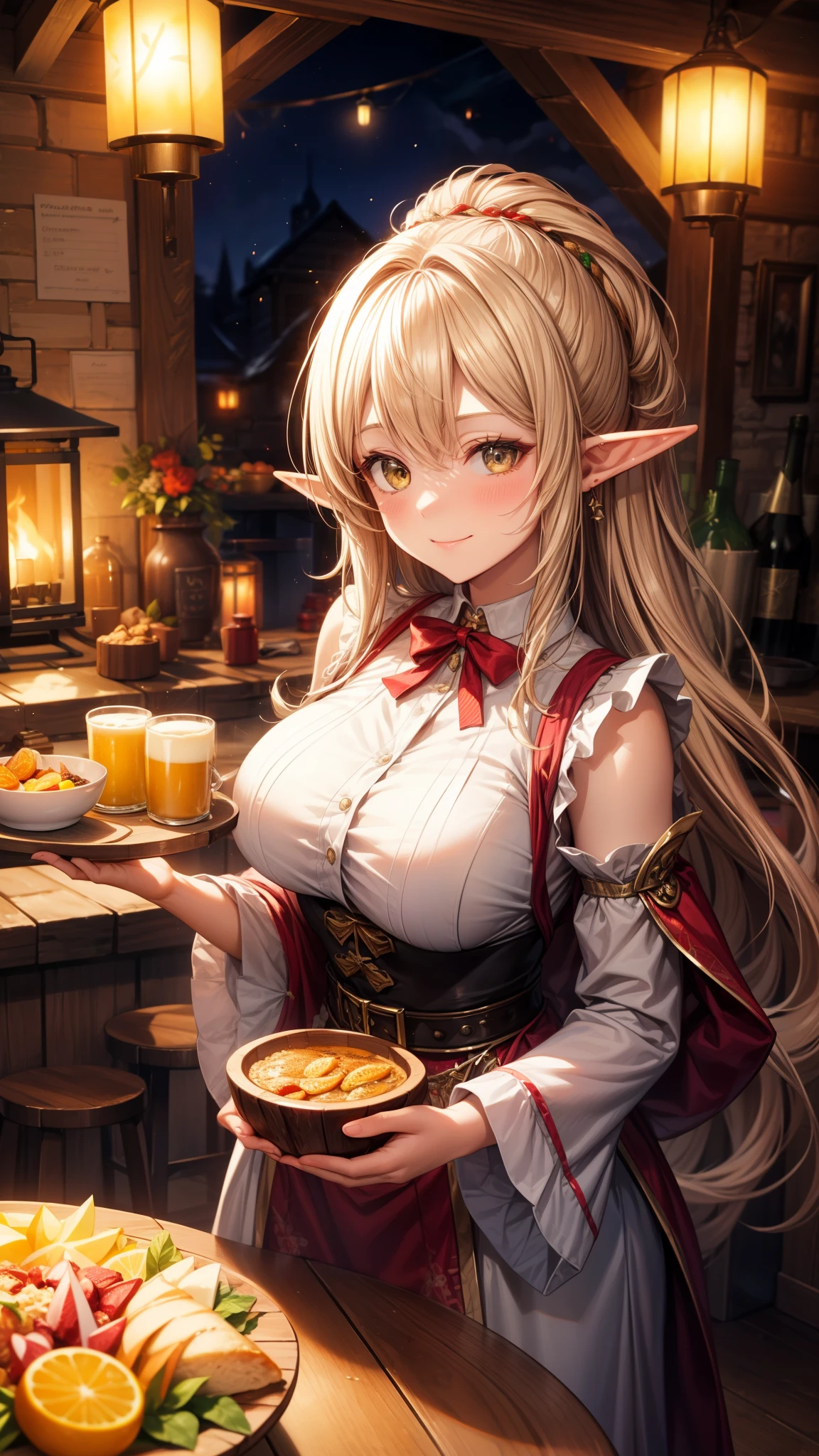 1girl,An illustrated scene set in a lively fantasy tavern at twilight. The focus is on a cheerful elf waitress, a young woman with long flowing hair and pointed ears, wearing a traditional tavern outfit. She is smiling warmly as she carries a large tray of mugs filled with beer, distributing them to a diverse group of patrons gathered around a round wooden table. The background shows a bustling tavern filled with various races, including humans, dwarves, and elves, all engaged in lively conversation. The setting is cozy, with a warm glow from lanterns and a large hearth, casting a soft, inviting light. The overall mood is vibrant yet warm, with a mix of soft browns, golds, and oranges to reflect the twilight hour.