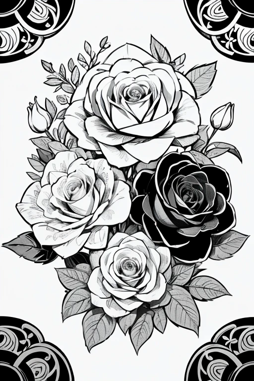 Coloring book for children, cartoon style, low detail, no shadows, black and white image, plants, flowers, patterns, ornament. roses