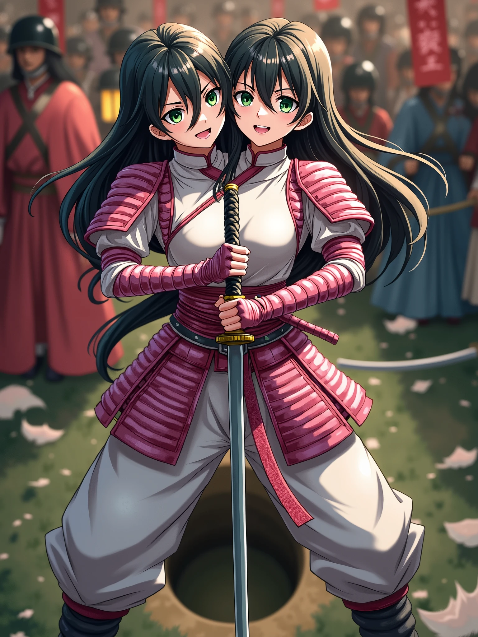 Anime picture of a young woman with two heads and necks on her shoulders, each head with black hair and green eyes. The woman's right head has an open mouth as if screaming. The woman's left head has its teeth grit. Both necks are side by side with a u-shaped pit between them. The woman is dressed in pink samurai armor and holding a katana in an action pose on a medieval Japanese battlefield.