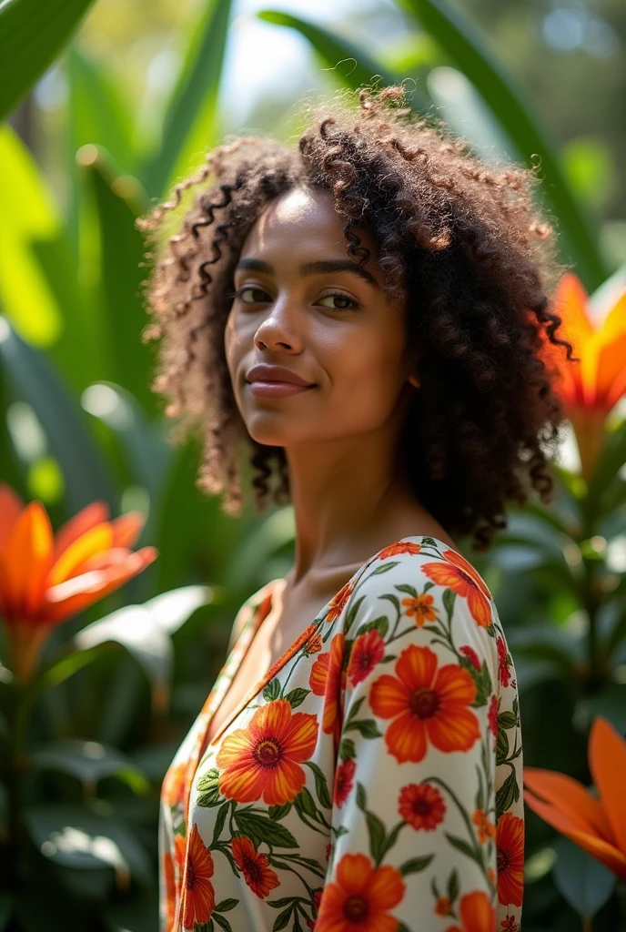 A Brazilian woman in a lush tropical garden, wearing an open shirt with a floral print, with a close-up capturing the harmonious beauty between her breasts and the natural flowers, showing off your natural charm and outgoing personality.