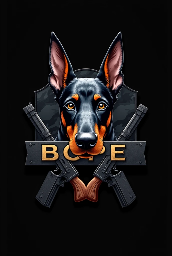 A logo of the BOPE police force with a Doberman head, black camouflage background, the word BOPE, and two pistols