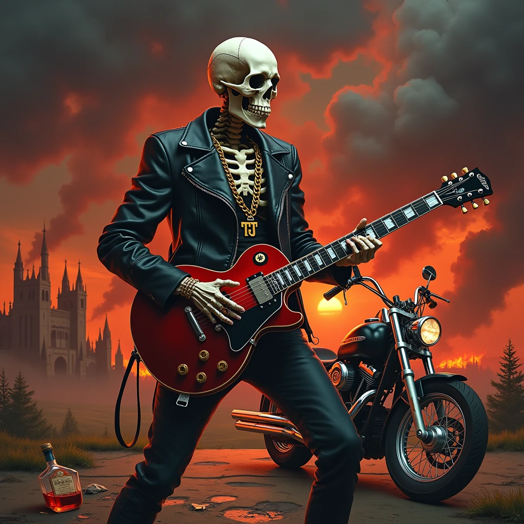 a full-length skull wearing a black leather jacket, rings on his fingers and a gold chain with a "TJ" pendant playing a les paul guitar as the world ends, red rays falling from the sky giving a tone of chaos to the image , with a castle on fire in the background and a Harley Davidson motorbike on the side, a broken bottle of whiskey on the floo